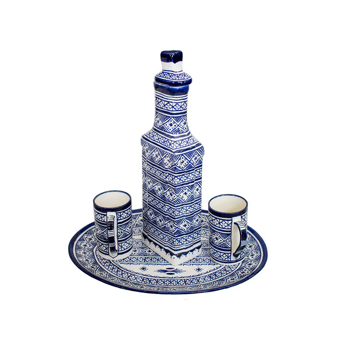 Ensemble carafe, tasses en céramique et plateau "Fès Bleu"
